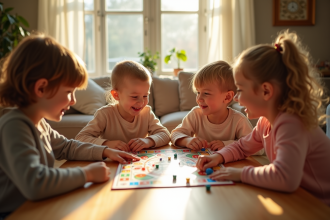 Enfants jouant à un jeu de société coloré à une table ensoleillée