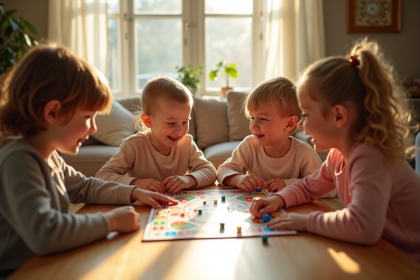 Enfants jouant à un jeu de société coloré à une table ensoleillée