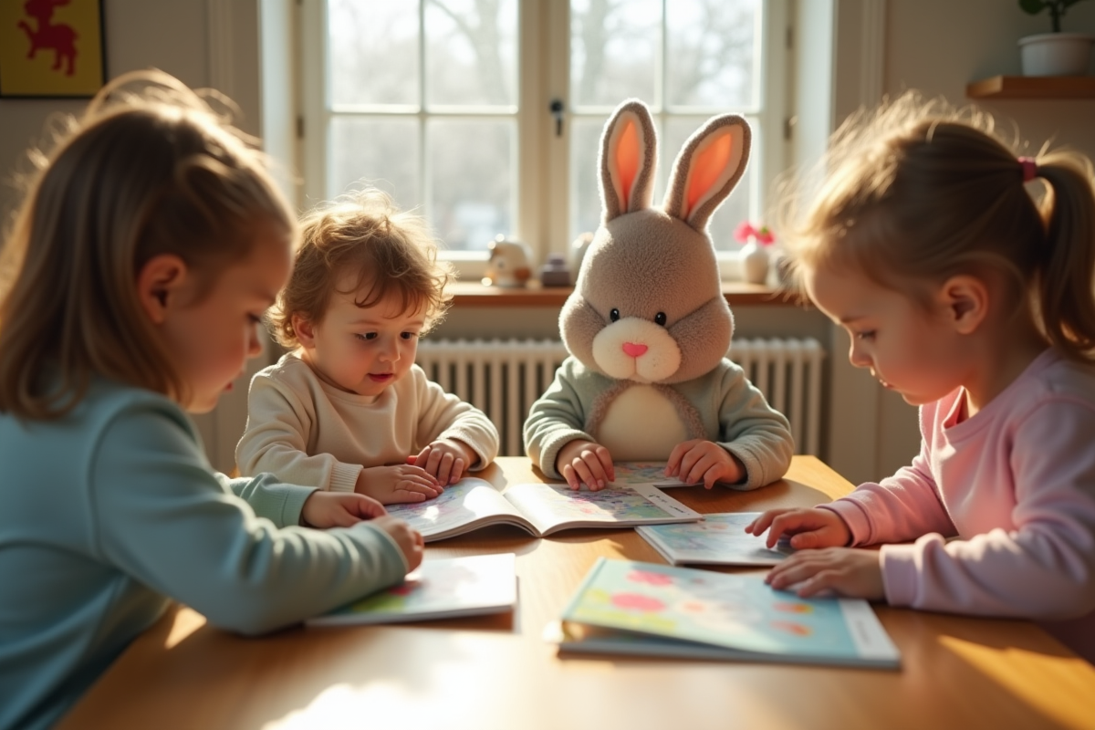Enfants jouant avec un lapin en peluche et livres à l