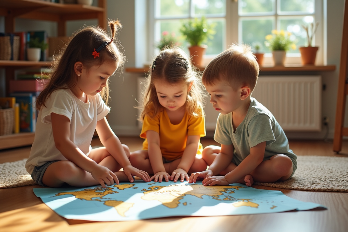 Trois enfants jouant avec des cartes géographiques sur le sol