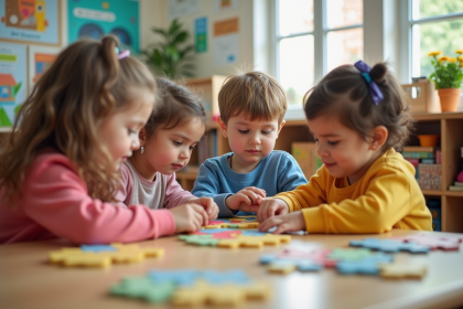 Groupe d'enfants en maternelle jouant à un puzzle dans une classe lumineuse