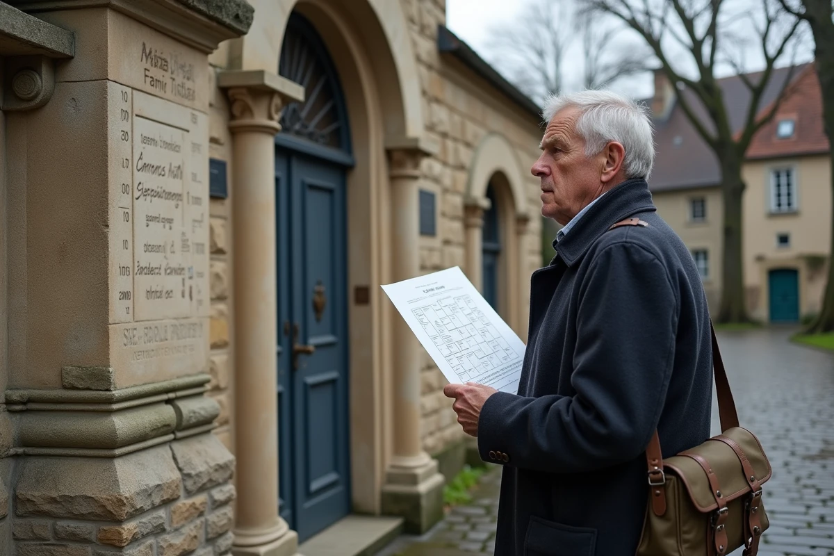 Homme tenant un arbre généalogique devant une église en pierre d'un village français, symbolisant la quête des origines et des ancêtres dans les régions françaises