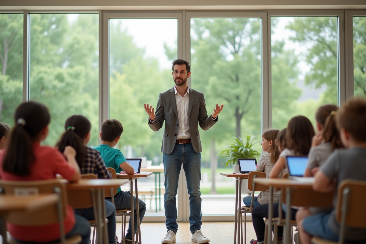 Enseignant avec enfants en classe lumineuse et environnement naturel