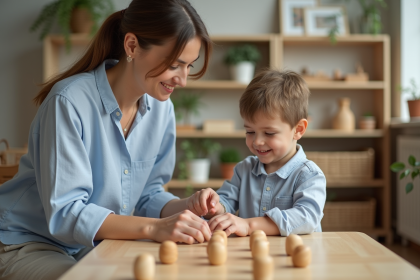 Enseignante Montessori guidant un enfant avec des perles en bois