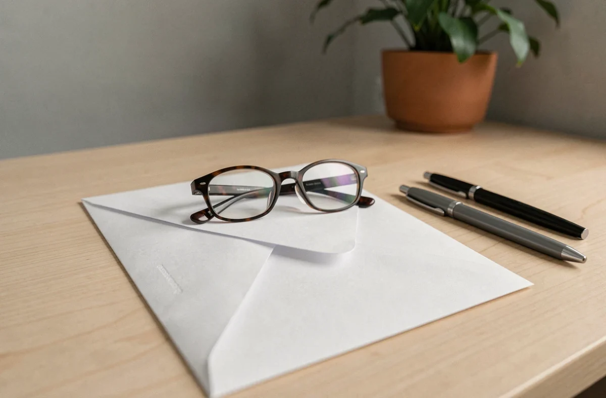 Enveloppe cachetée et lettre de rupture de contrat assistante maternelle posées sur un bureau avec des lunettes de lecture