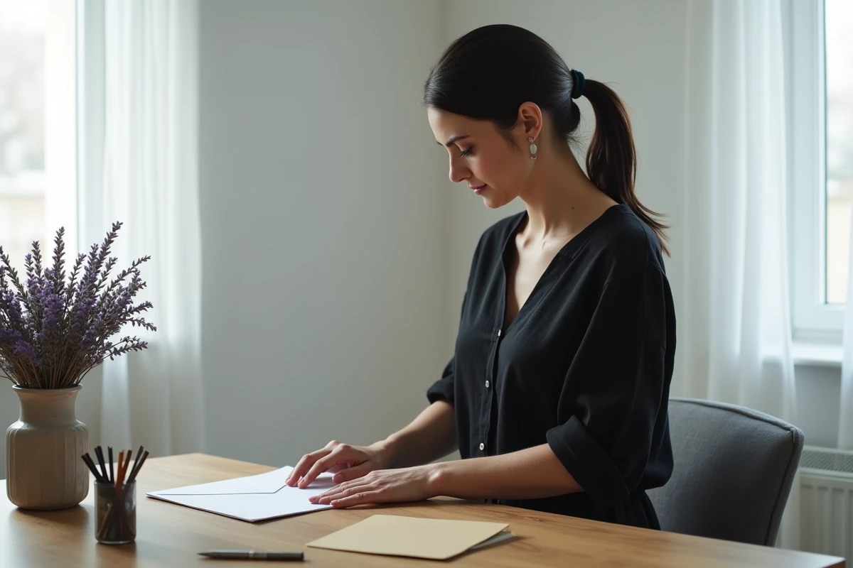 Femme déposant une enveloppe de remerciement après un décès sur un bureau minimaliste avec de la lavande séchée