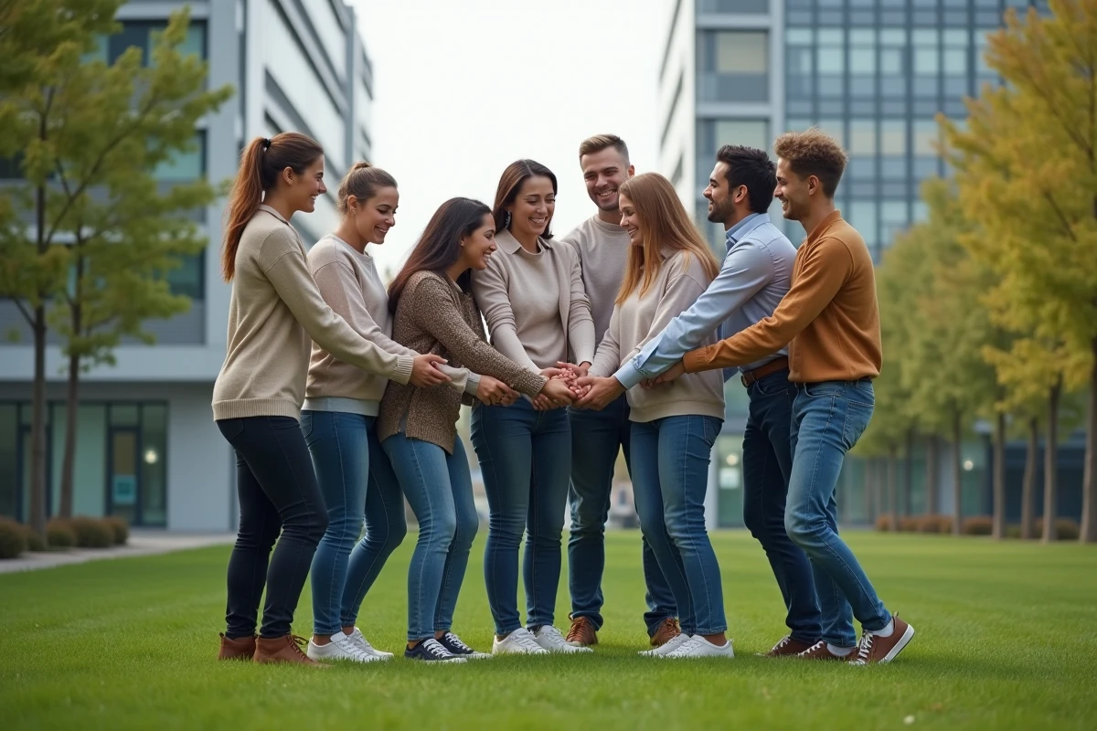 Équipe de jeunes professionnels réalisant un exercice de nœud humain en plein air pour renforcer la cohésion d'équipe