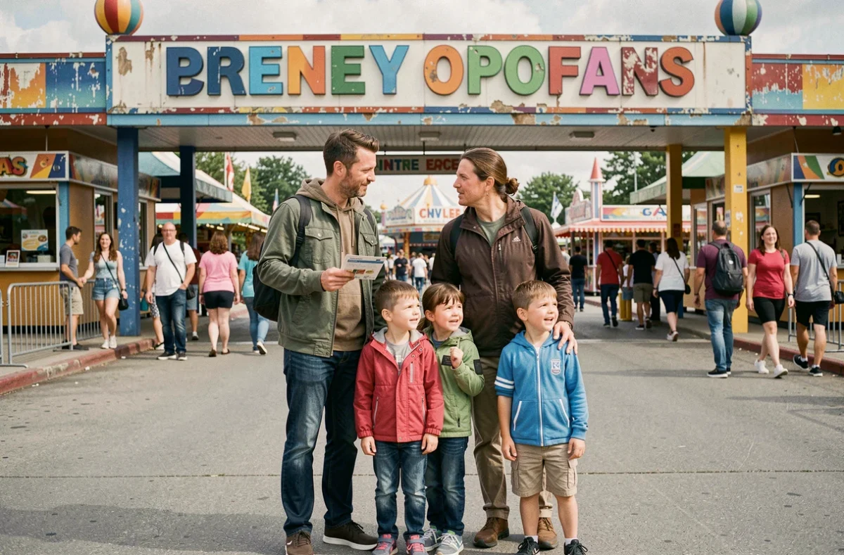 Une famille avec des enfants utilise un bon plan de week-end à l'entrée d'un parc de loisirs