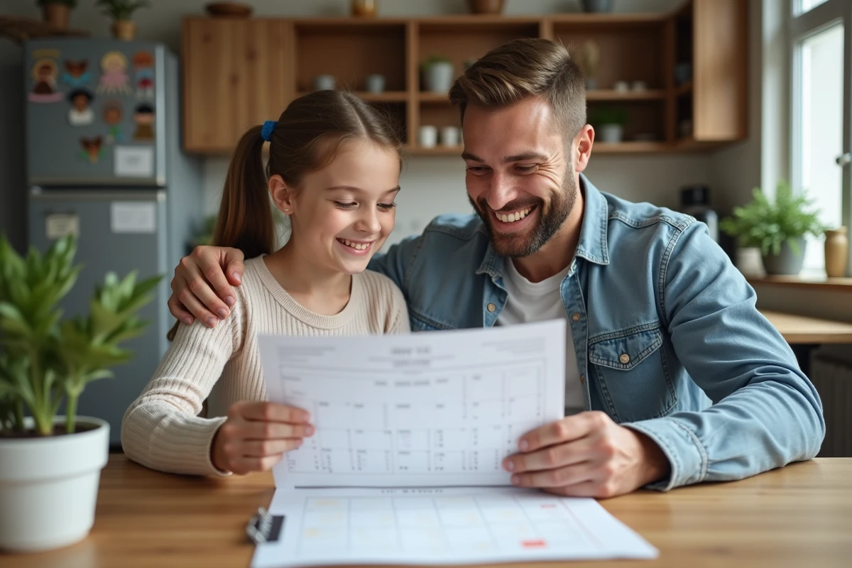 Homme et fille souriants consultent un calendrier dans la cuisine