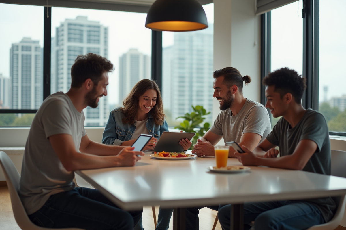 Famille moderne autour d une table à manger dans un appartement