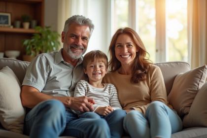 Famille multigenerationale souriante dans un salon lumineux