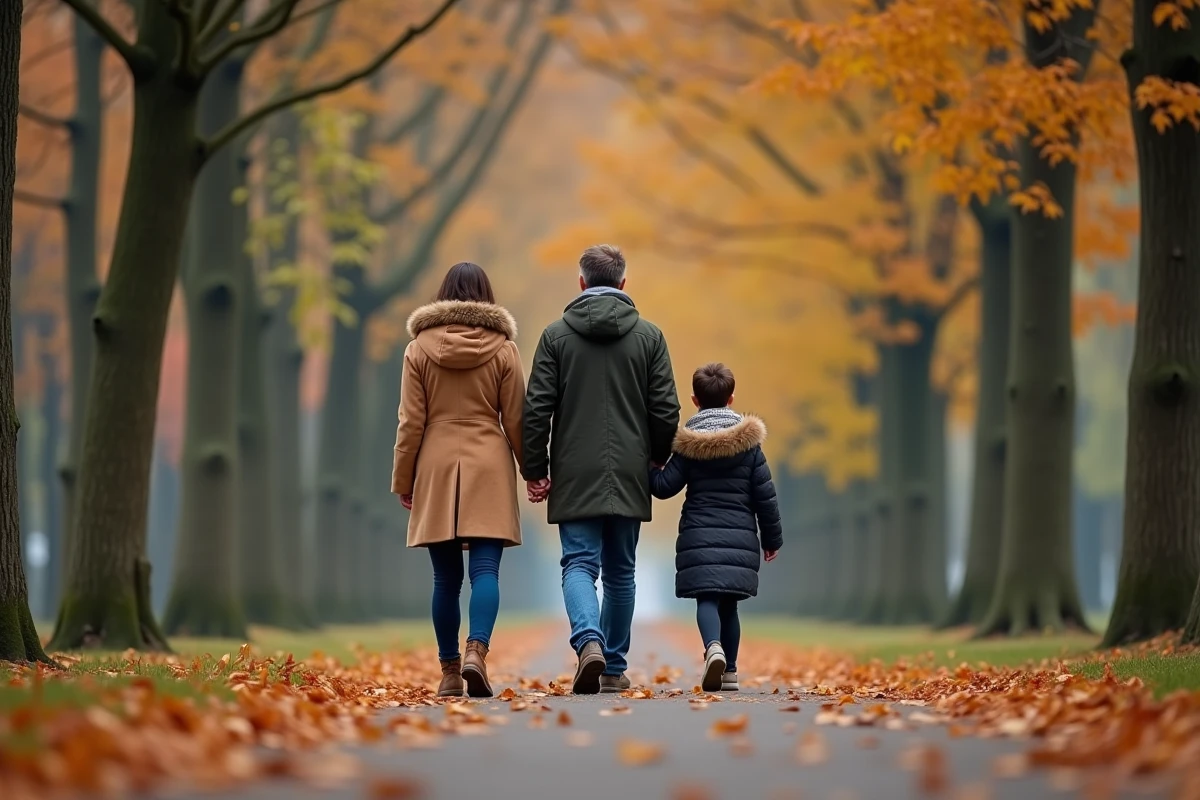 Famille se promenant dans un parc en automne vue de dos, symbolisant la vie familiale discrète et protégée d'une personnalité politique