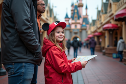 Jeune fille en imper rouge et casquette Mickey devant Disneyland