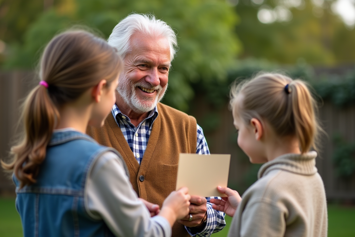 Grandfather et petite fille échangeant une carte dans le jardin