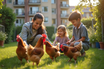 Famille heureuse nourrissant des poules dans un jardin urbain