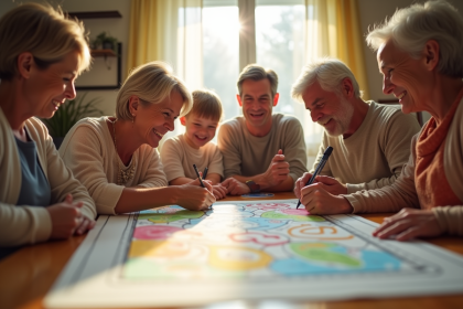 Famille multigenerale jouant à un jeu de société lumineux