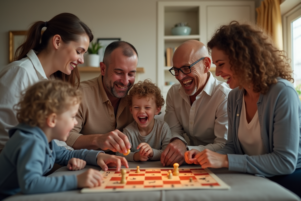 Famille jouant à un jeu de société dans le salon