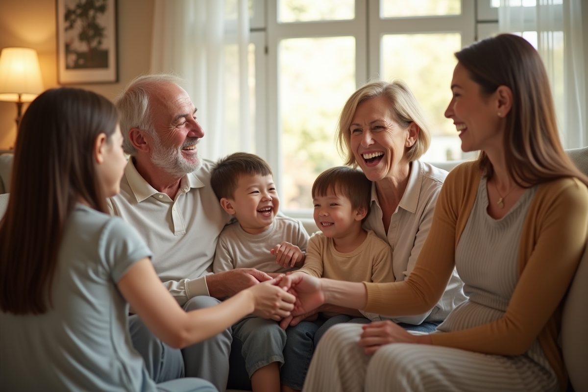 Famille multigenerationale réunie dans un salon ensoleille