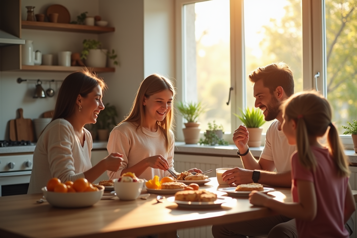 Famille heureuse partageant le petit déjeuner ensoleille