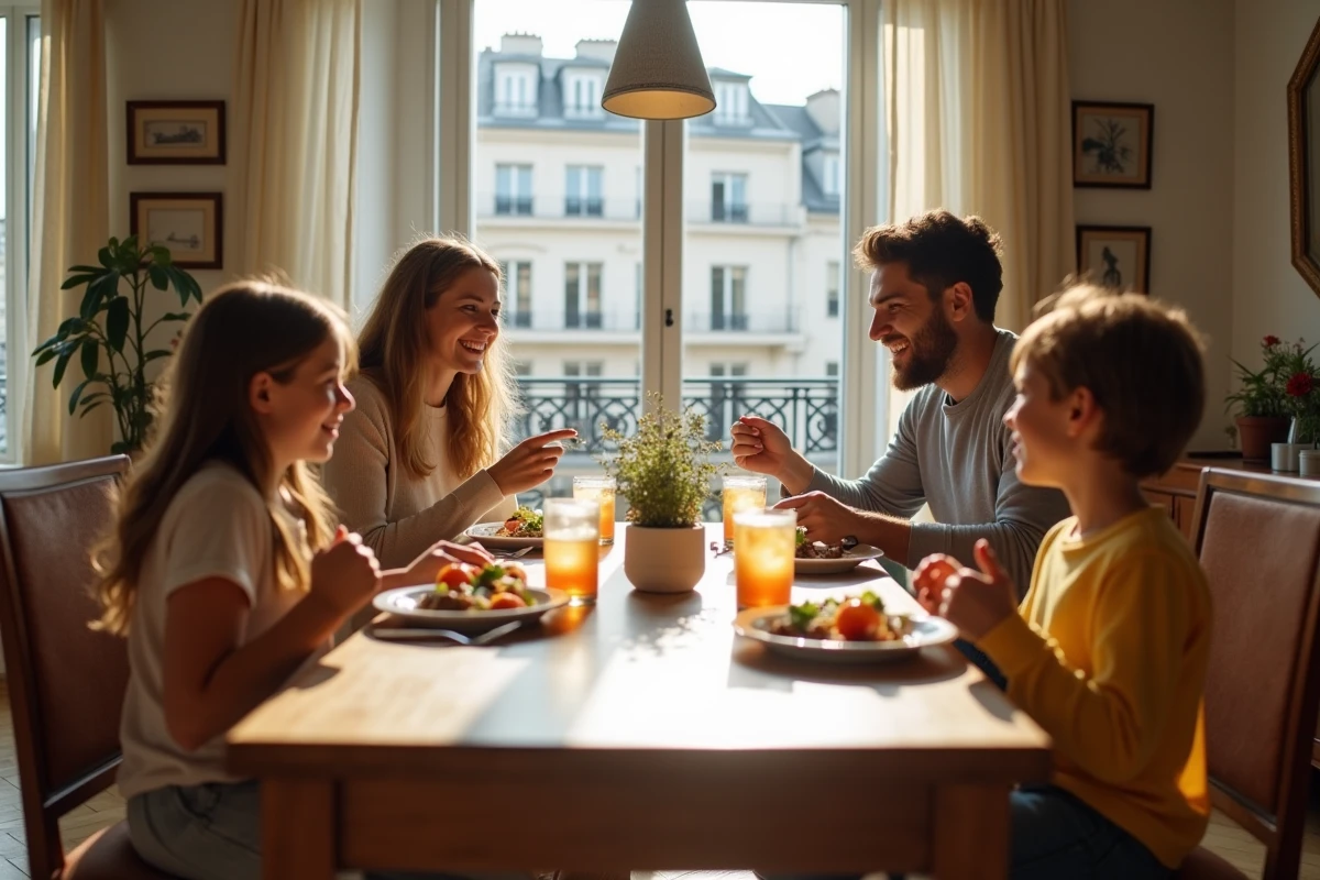 Famille réunie autour d'un repas dans un appartement parisien, illustrant l'harmonie entre vie familiale et ambitions professionnelles