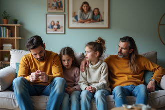 Famille tendue de quatre personnes dans un salon