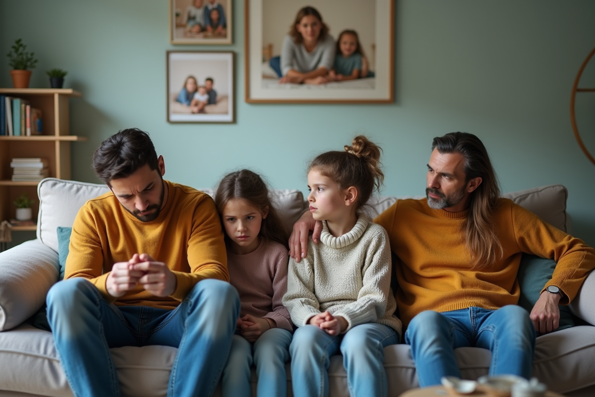 Famille tendue de quatre personnes dans un salon