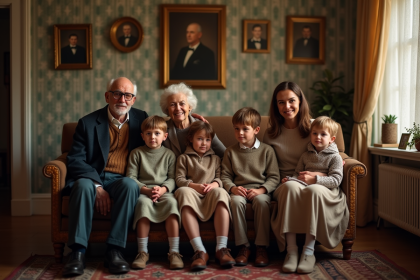 Famille multigenerational dans un salon vintage chaleureux