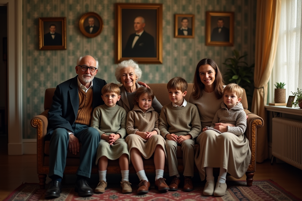 Famille multigenerational dans un salon vintage chaleureux