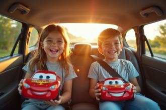 Famille heureuse en voiture lors d un voyage ensoleille