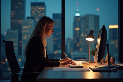 Femme d'affaires travaillant tard dans un bureau moderne