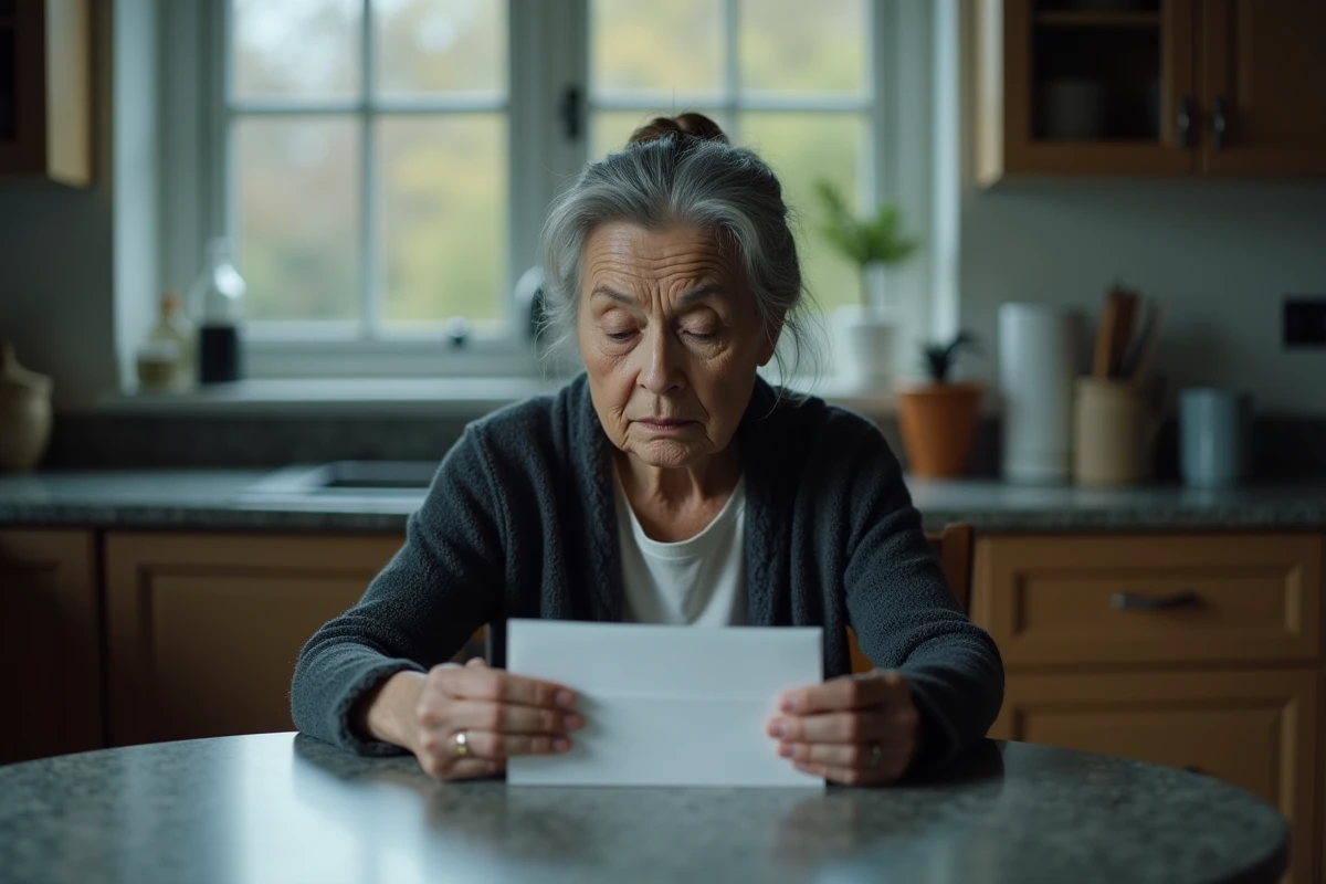 Femme âgée tenant une enveloppe de condoléances avec une expression recueillie et émue dans une cuisine simple