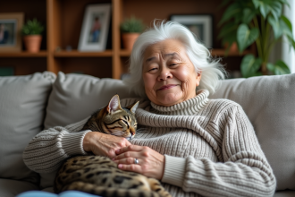 Femme âgée en pull cosy caressant son chat relaxe