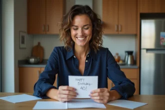 Femme souriante de 40 ans lisant une carte d anniversaire dans la cuisine