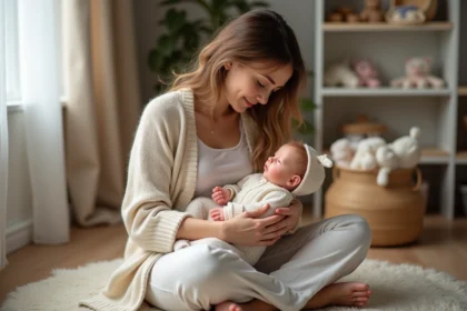 Femme tenant dans ses bras un bébé reborne en silicone avec des détails réalistes, assise dans un salon cosy avec accessoires de poupée reborn