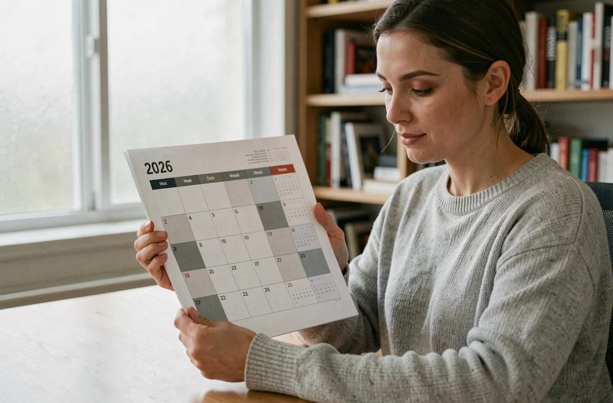 Femme consultant un calendrier 2026 imprimé A4 avec semaines paires et impaires dans un bureau à domicile