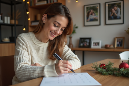 Femme souriante écrivant dates importantes sur calendrier