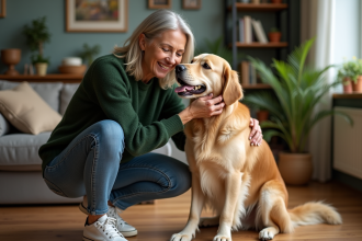 Femme en jean et pull vert caressant son chien dans un salon chaleureux