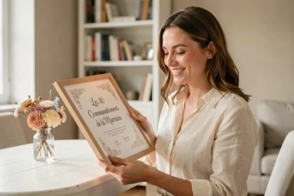 Femme tenant un certificat imprimé des 10 commandements de la marraine avec un sourire chaleureux