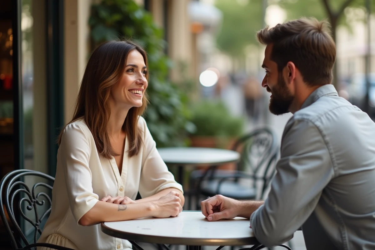Femme et son compagnon attablés en terrasse d'un café parisien lors d'une conversation intime
