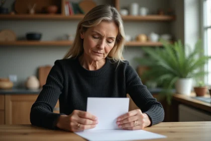 Femme en sweater noir tenant une carte de condoleance dans la cuisine