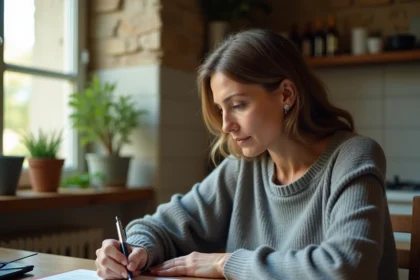 Femme adulte lisant des documents juridiques sur l'adoption simple à une table de cuisine en bois