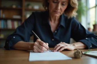 Femme écrivant une phrase de condoléances à la main sur une carte, avec une fleur séchée posée sur le bureau en bois