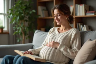 Femme enceinte souriante dans un salon cosy avec livres