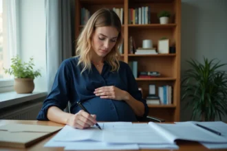Femme enceinte consultant des documents administratifs liés au chômage et au congé maternité à son bureau à domicile