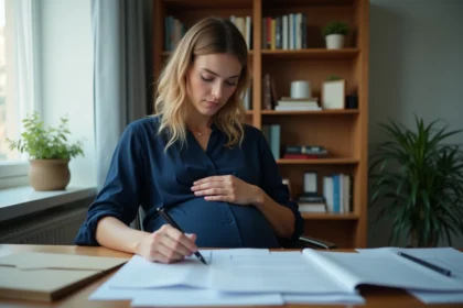 Femme enceinte consultant des documents administratifs liés au chômage et au congé maternité à son bureau à domicile