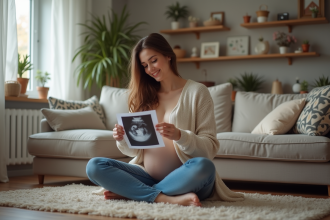 Femme souriante tenant une échographie dans un salon cosy