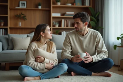 Femme adulte en posture enfantine regardant son partenaire qui explique quelque chose avec patience, dynamique relationnelle parent-enfant dans un couple