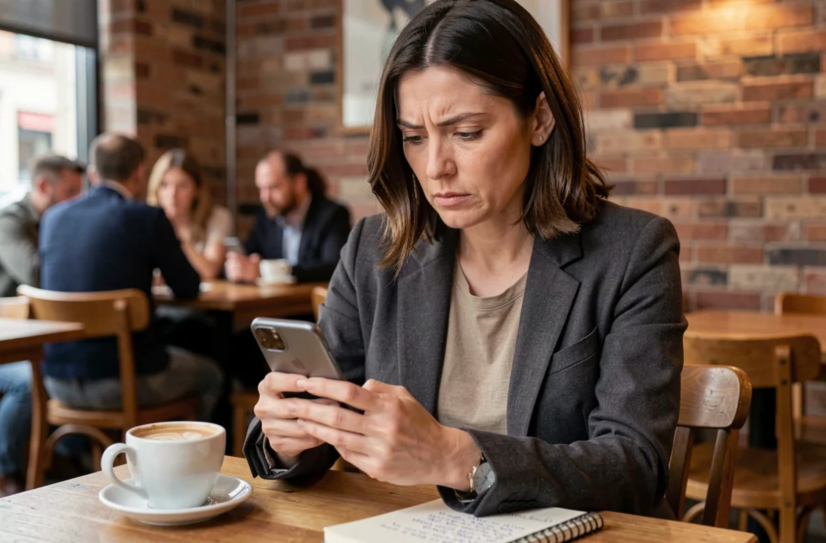 Une femme évalue seule des offres de week-ends en famille sur son téléphone dans un café