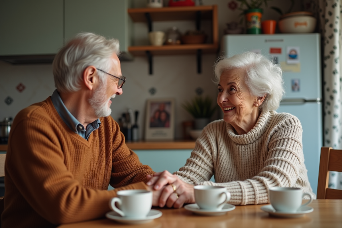 Femme souriante avec ses parents dans une cuisine chaleureuse