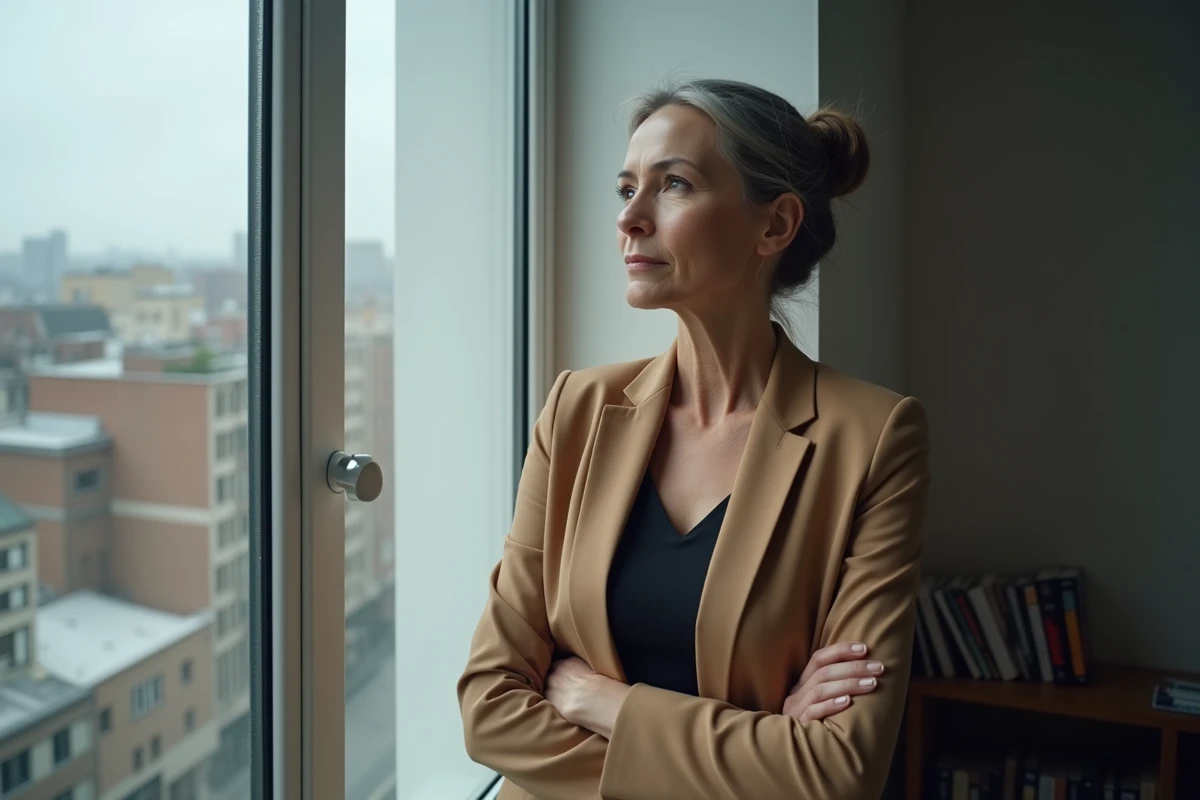 Femme debout face à une fenêtre en ville, bras croisés, regard vers l'extérieur, symbolisant la prise de recul face à une relation amoureuse compliquée